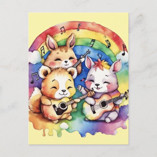 Carte Postale De mignons animaux jouent de la musique dans l'arc (Devant)