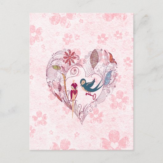Carte Postale De mignons oiseaux adorables avec la clé de l'amou (Devant)