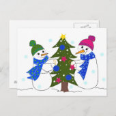 Carte Postale De mignons Snowmen décorent un arbre (Devant / Derrière)