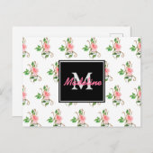 Carte postale de monogramme de roses roses Blush (Devant / Derrière)