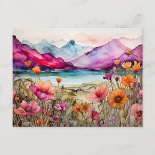 Carte postale de montagne aux fleurs sauvages aqua