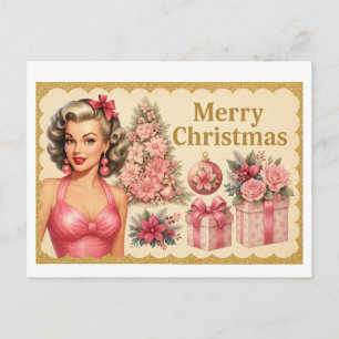 Carte postale de Noël arbre rose vintage