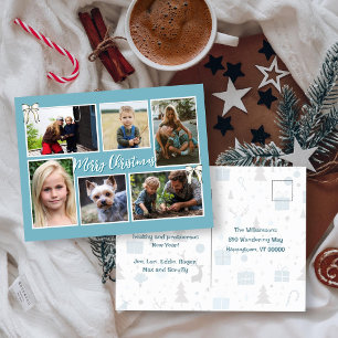 Carte postale de Noël bleu six photos message