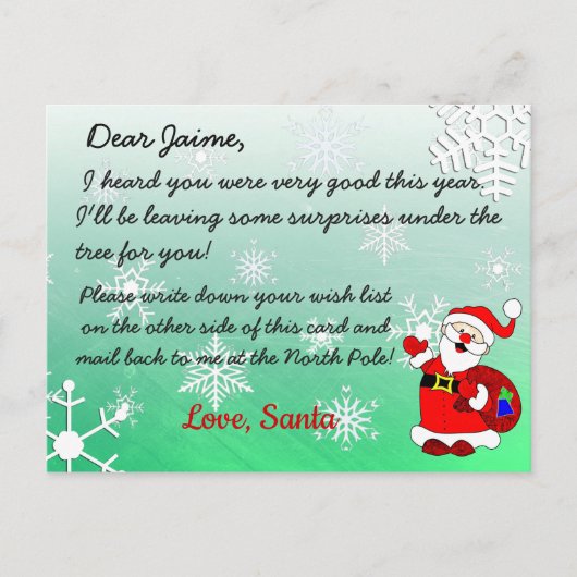 Carte postale de Noël de Père Noël à un enfant (Devant)