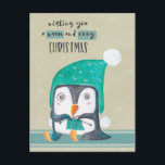 Carte postale de Noël de tricot de pingouin<br><div class="desc">Petits séance et tricot adorables de pingouin d'aquarelle avec un petit casquette doux d'hiver dessus avec des souhaits pour Noël chaud et confortable.</div>