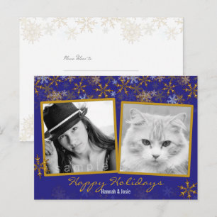 Carte postale de Noël double photo Flocons d'or