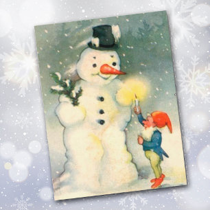 Carte postale de Noël Elf et Snowman Vintage