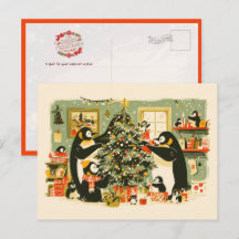 Carte postale de Noël : famille de manchots décora