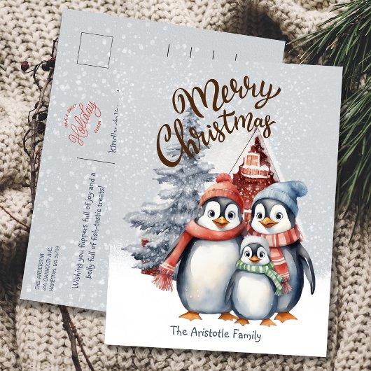 Carte postale de Noël mignonne Penguins famille va