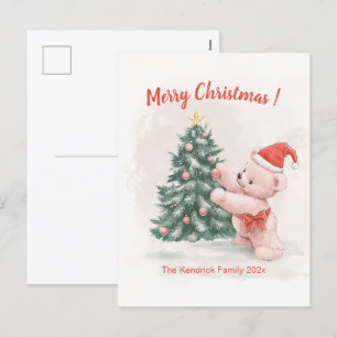 Carte postale de Noël Pink Teddy Bear Retro