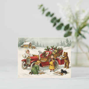 Carte postale de Noël victorienne avec voiture jou