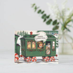 Carte postale de Noël vintage avec train et lutin