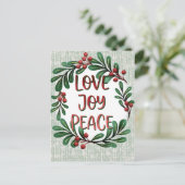 Carte postale de Noël Wreath Love, Joy Peace Holid (Debout devant)