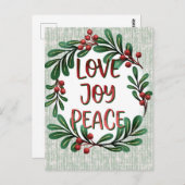 Carte postale de Noël Wreath Love, Joy Peace Holid (Devant / Derrière)
