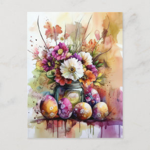 Carte postale de Pâques à l'aquarelle avec œufs et