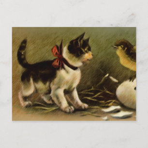 Carte postale de Pâques de chaton et de poussin