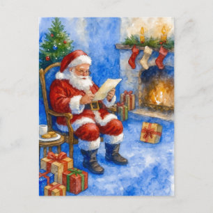 Carte postale de Père Noël lisant des lettres au c