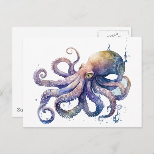 Carte postale de pieuvre à l'aquarelle magnifique (Devant / Derrière)