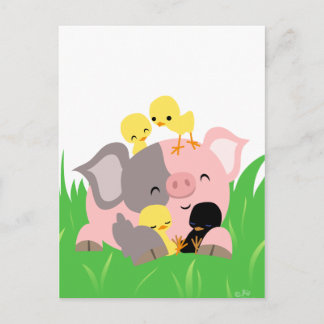Carte postale de porc et poussins de Pâques