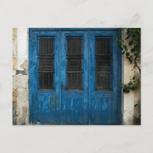 Carte postale de porte bleue grecque rustique