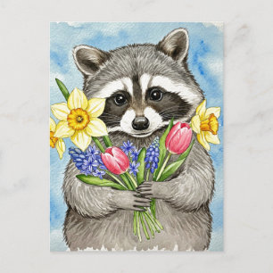 Carte postale de Raton laveur mignon avec des fleu