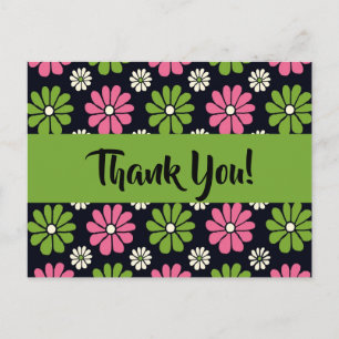 Carte postale de remerciement à fleurs roses et ve