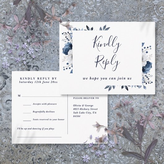 Carte postale de réponse RSVP à fleurs bleue marin