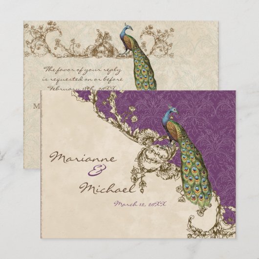 Carte postale de réponse RSVP Peacock & Etchs vint (Devant / Derrière)