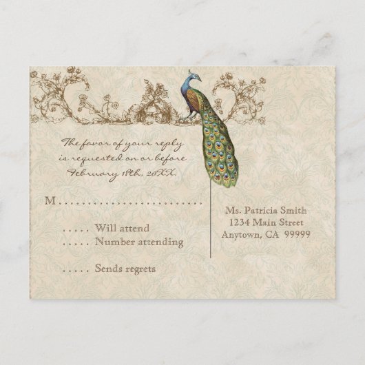 Carte postale de réponse RSVP Peacock & Etchs vint (Dos)