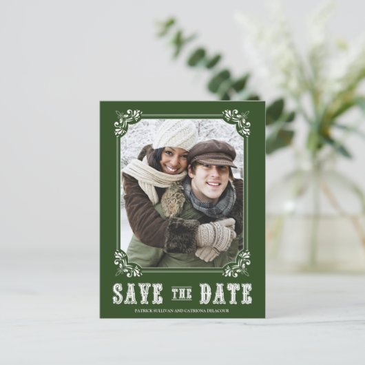 Carte postale de sauvegarde de date ornée verte po (Debout devant)