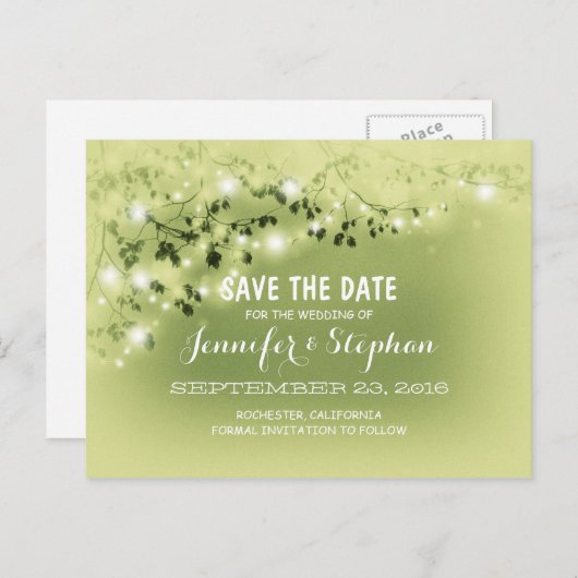 carte postale de save the date avec guirlandes rom (Devant / Derrière)