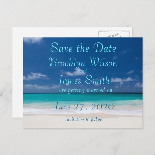 Carte postale de save the date mariage plage bleue (Devant / Derrière)