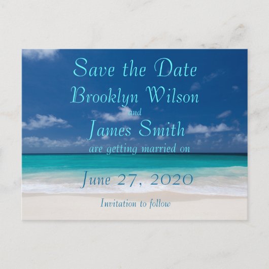 Carte postale de save the date mariage plage bleue (Devant)