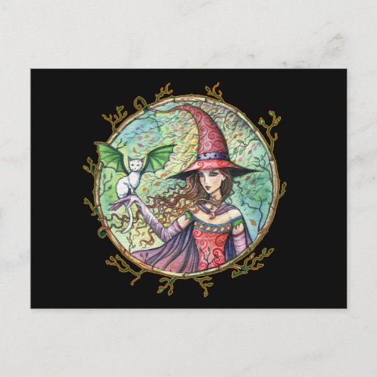 Carte postale de sorcière d'Halloween avec chat bl (Devant)
