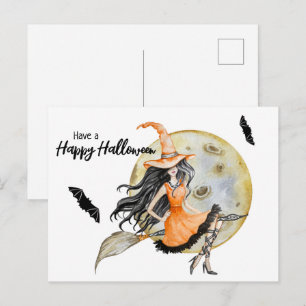 Carte postale de sorcière d'Halloween, lune et cha