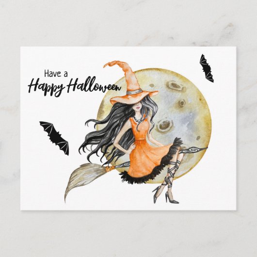 Carte postale de sorcière d'Halloween, lune et cha (Devant)