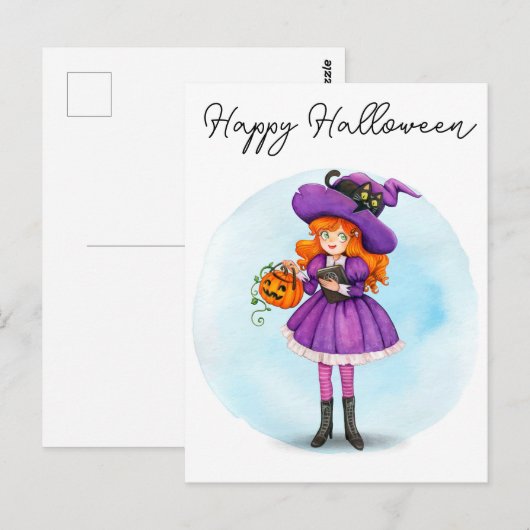 Carte postale de sorcière Halloween joyeux (Devant / Derrière)
