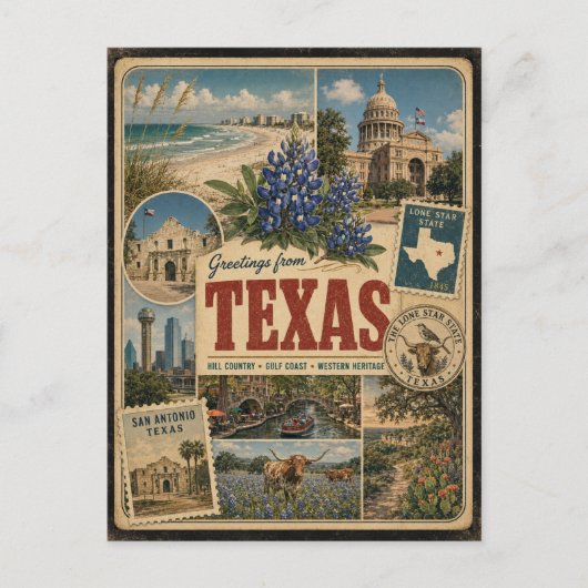 Carte postale de style vintage authentique du Texa (Devant)