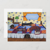 Carte postale de teckels lisant au lit (Devant / Derrière)
