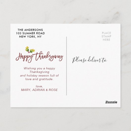 Carte postale de Thanksgiving pour les feuilles d' (Dos)