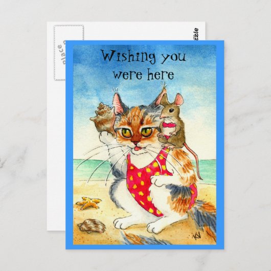 Carte postale de vacances à la plage avec un chat  (Devant / Derrière)