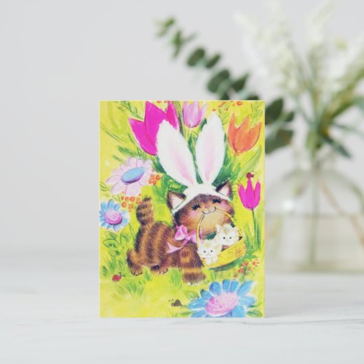 Carte postale de vacances de Pâques de chat rétro (Debout devant)