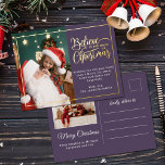Carte Postale De Vacances En Aluminium 2 photos croient en la famille magique de Noël vio<br><div class="desc">Carte postale moderne de voeux de Noël avec l'un de vos portraits de famille de Noël préférés à gauche, complétée par un vrai cadre en feuille d'or et une formulation qui dit "Croyez en la magie de Noël" à droite sur un arrière - plan violet moderne, personnalisable avec votre propre...</div>