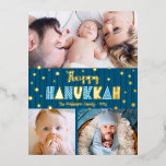 Carte Postale De Vacances En Aluminium 3 Photo Happy Hanoukka Moderne Turquoise Bleu Vrai<br><div class="desc">"Bonne Hanoukka." Amusant, ludique, fantaisiste, véritable feuille d'or artisanal et typographie bleu clair, une feuille d'or aléatoire Star of David motif, et des lignes dessinées à la main bleu marine de minuit recouvrent un arrière - plan bleu turquoise foncé. Ajoutez 3 photos de votre choix pour vous aider à ouvrir...</div>