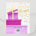 Carte Postale De Vacances En Aluminium Ajouter Logo Amusants Pink Chaud Cadeaux Business<br><div class="desc">Notre logo personnalisé Business Watercolor Happy Birthday Postcard est le moyen idéal pour envoyer un sourire aux clients, aux employés et aux partenaires d'affaires, aux femmes et aux filles. Doté d'une aquarelle originale de trois boîtes-cadeaux de couleur rose avec de vrais éléments en feuille d'or et des confettis saupoudrés de...</div>