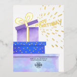 Carte Postale De Vacances En Aluminium Ajouter Logo Amusants Purple Blue Cadeaux Business<br><div class="desc">Notre logo personnalisé Business Watercolor Happy Birthday Postcard est le moyen idéal pour envoyer un sourire aux clients, aux employés et aux partenaires d'affaires. Doté d'une aquarelle originale de trois boîtes-cadeaux violettes et bleues avec de vrais éléments en feuille d'or et des confettis saupoudrés de la boîte supérieure, avec le...</div>