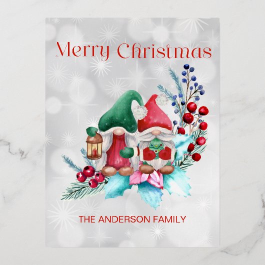 Carte Postale De Vacances En Aluminium Aquarelle argentée Gnomes de Noël (Recto)