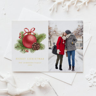 Carte Postale De Vacances En Aluminium Aquarelle Boule rouge ornement photo Noël