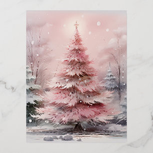 Carte Postale De Vacances En Aluminium Aquarelle rose Arbre de Noël