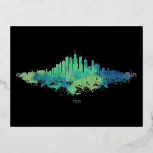 Carte Postale De Vacances En Aluminium Aquarelle Skyline de Chicago en bleu et vert